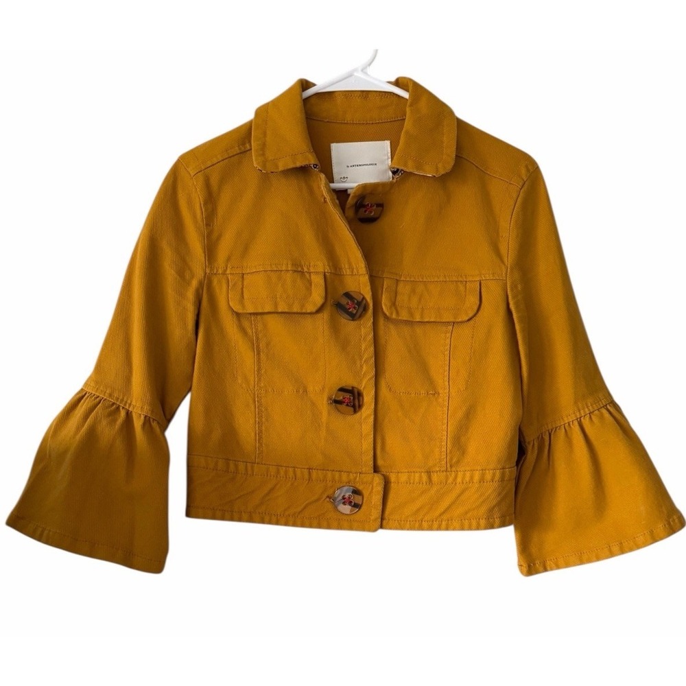 ANTHROPOLOGIE Nora Flounce-Sleeved Trucker Jacket Golden Yellow Women's Size XS